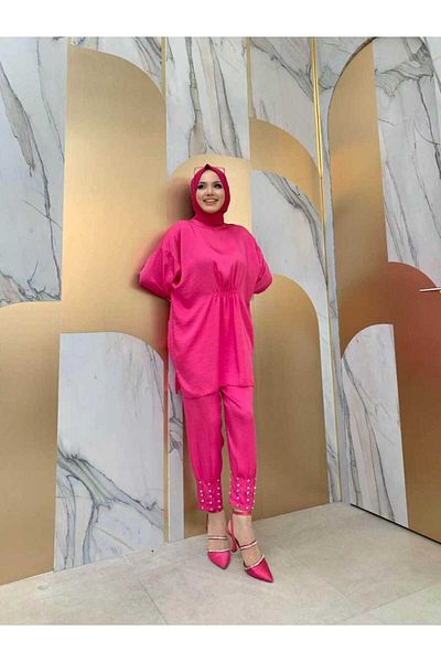 Bym Fashion Διπλό κοστούμι με λεπτομέρεια μπροστινής συλλογής και λεπτομέρεια κεντήματος με πέρλες 8416 Φούξια