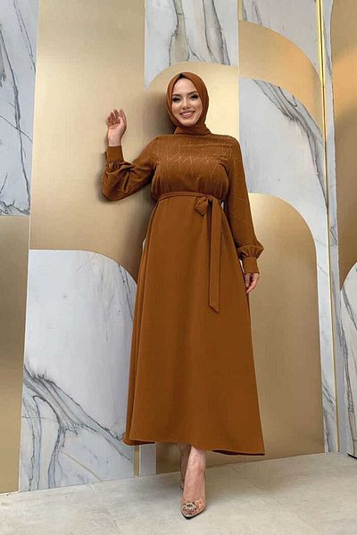 Bym Fashion Πέτρινο Κεντητό Φόρεμα Ζώνη 3830 Ταν