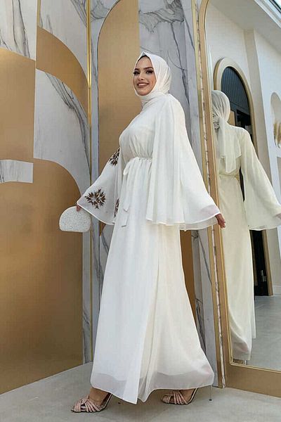 Bym Fashion Βραδινό φόρεμα Yarasakol μονό μανίκι με στάμπα σιφόν 3539 εκρού