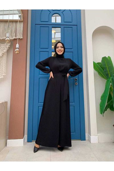 Bym Fashion تنورة مطوية مفصلة الخصر مربوطة الأكمام بذلة مطاطية 3704 أسود