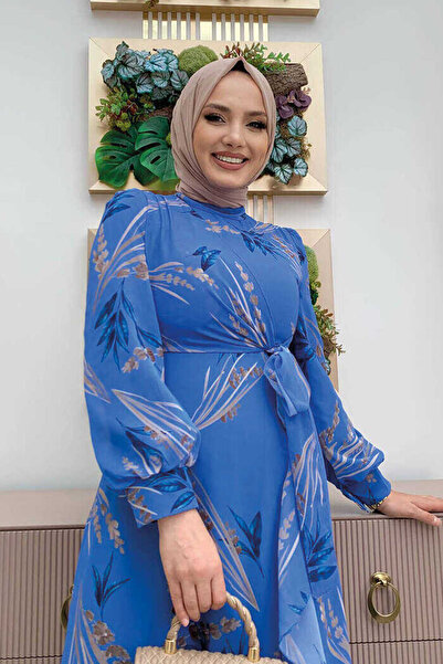 Bym Fashion Μοτίβο φύλλου Φόρεμα σιφόν λεπτομέρειας βολάν 3842 μπλε