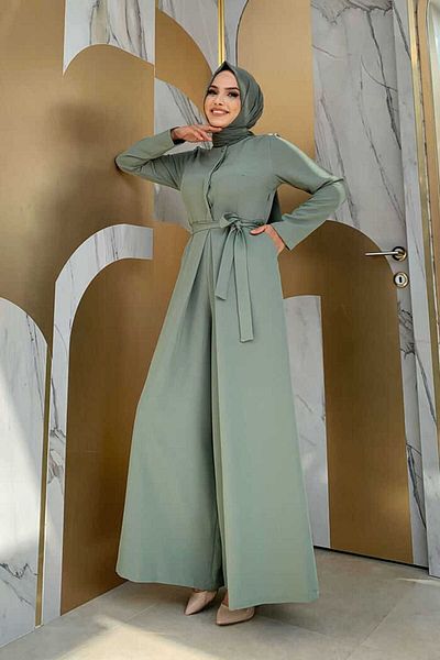 Bym Fashion Waist Belted Jumpsuit with Hidden Button Detail on the Chest 3676 Mint