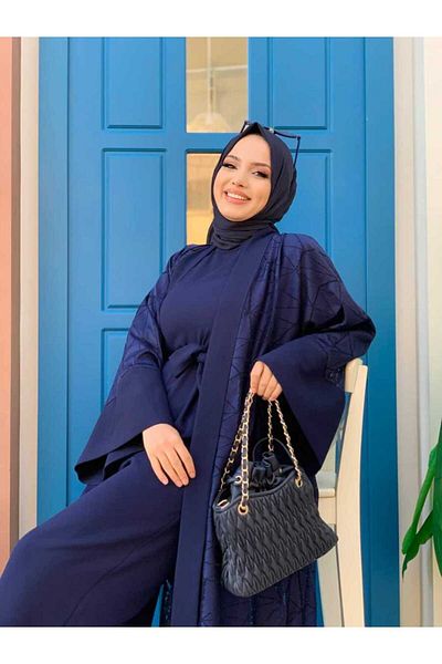 Bym Fashion Δαντελένιο Abaya με ζώνη με τσέπη λεπτομερές σετ φόρμας 3782 Navy Blue