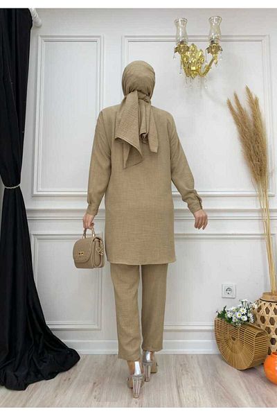 Bym Fashion Σετ τούνικ και παντελόνι με κεντητό κουμπιά ώμου 8430 Mink