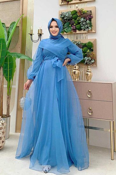 Bym Fashion Abendkleid aus Tüll mit Schulterstreifendetail und Taillenschnürung 3964 Indigo