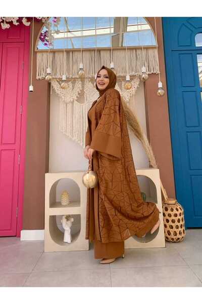 Bym Fashion Lace Abaya Waist Belted Pocket Detailed Jumpsuit Set 3782 Tan