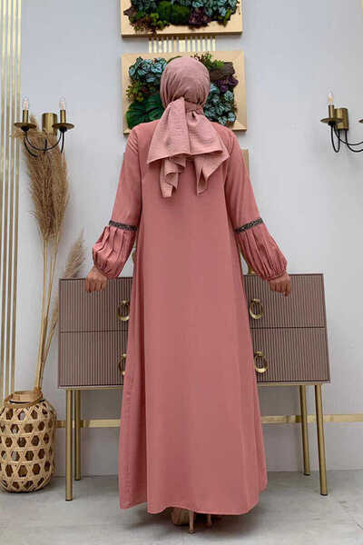 Bym Fashion Stone Detailed Abaya Zero Sleeve Dress Set 3657 Powder