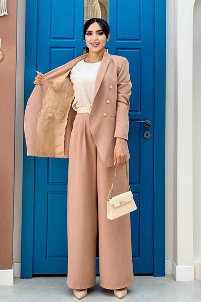 Bym Fashion Κουμπί Λεπτομέρεια Μπλέιζερ Σετ Φαρδύ Παντελόνι 8302 Mink
