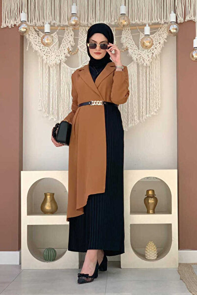 Bym Fashion Γιακάς Λεπτομερής Φούστα Πλισέ όψη Διπλό Χρώμα Ζώνη Φόρεμα 3850 Ταν