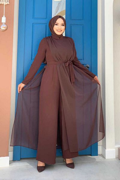 Bym Fashion Ολόσωμη φόρμα με ζώνη σιφόν λεπτομέρεια 3330 καφέ