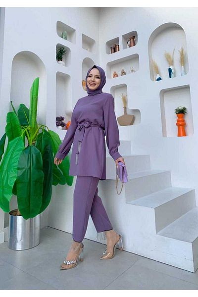 Bym Fashion Φούντα Λεπτομερή Τουνίκ Παντελόνι Διπλό Σετ 8424 Λιλά