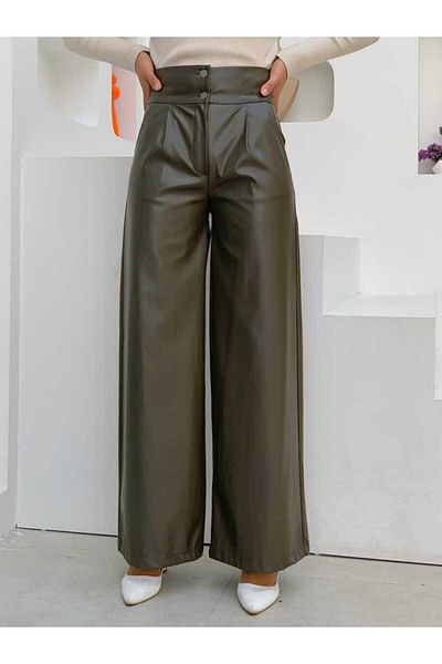Bym Fashion Λεπτομερές δερμάτινο παντελόνι τσέπης με φερμουάρ 0253 Χακί
