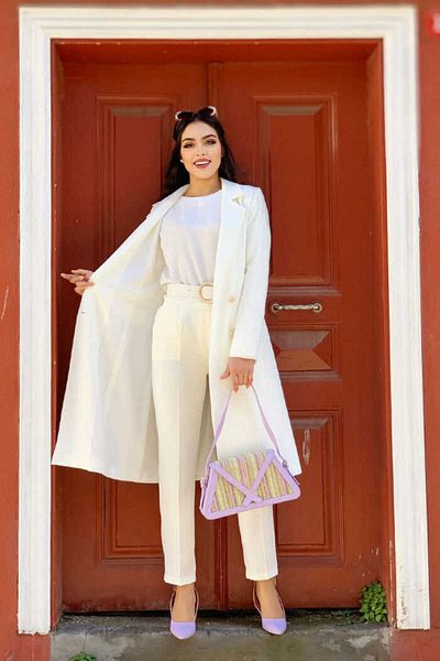 Bym Fashion Pocket and Button Look Long Jacket Trousers Set 8357 Ecru