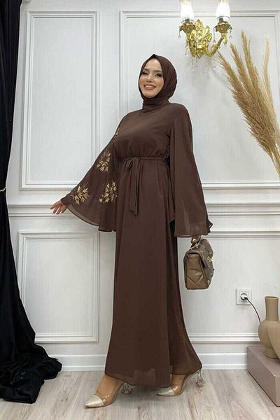 Bym Fashion Βραδινό φόρεμα Yarasakol Μονό μανίκι με στάμπα σιφόν 3539 Καφέ