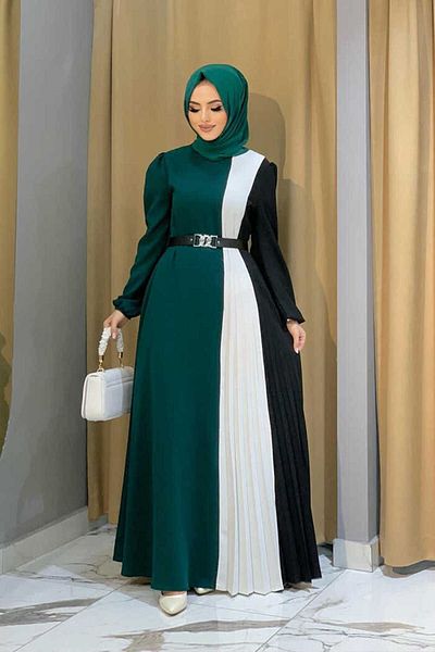 Bym Fashion Τρίχρωμη ζώνη μέσης πιέτες λεπτομέρειας φόρεμα 3622 Emerald