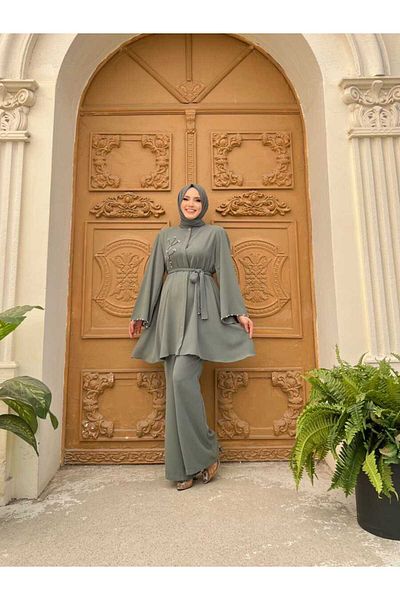 Bym Fashion Stone Embroidery Detailed Belted Tunic and Trousers Suit 8432 Mint