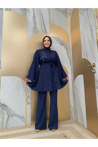 Bym Fashion Kőhímzés, részletes öves tunika és nadrág szett 8432 sötétkék