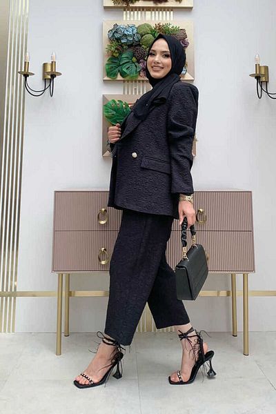 Bym Fashion Σετ παντελόνι Ceker με ανάγλυφο σχέδιο 8457 Μαύρο