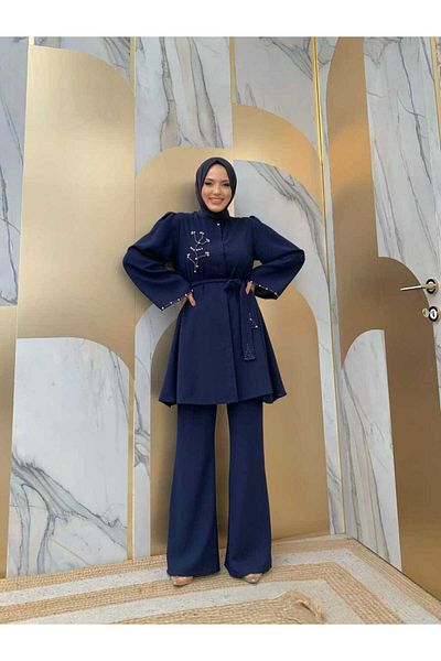 Bym Fashion Kőhímzés, részletes öves tunika és nadrág szett 8432 sötétkék