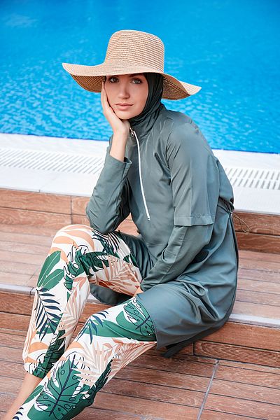Marina Parachute 3-Piece Khaki Leaf Patterned Fully Covered Hijab Swimsuit M2261