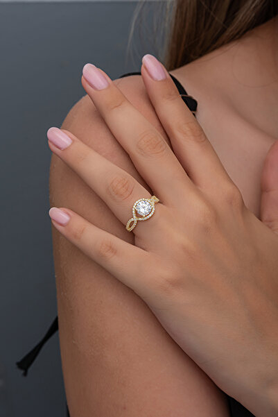 ALYANSEVİM Altın Kaplama Zirkon Taşlı Kadın 925 Gümüş Tektaş Yüzük