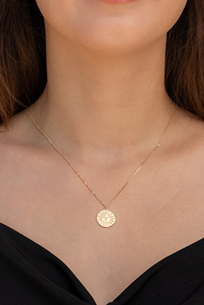 Cenova Jewelry 14 Ayar Altın Plaka Güneş Figürlü Kadın Kolye