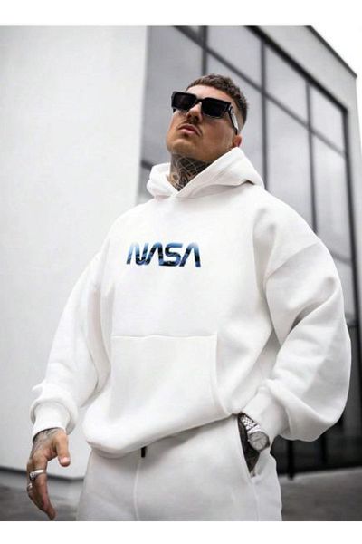 ORLONTEX Чоловічий білий світшот з принтом Nasa з капюшоном