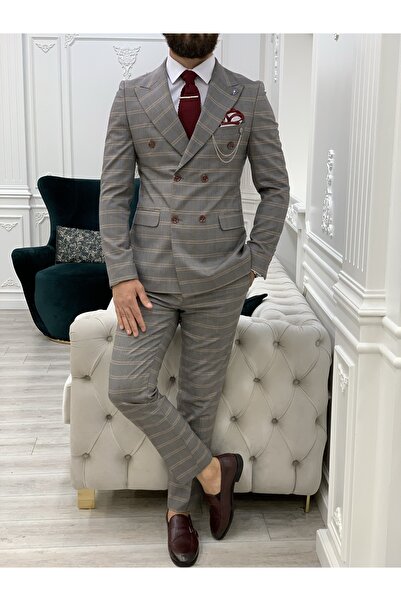 LONATOLİA Men's Plaid Double Breasted Suit Italian Cut Slim Fit Jacket Trouse...