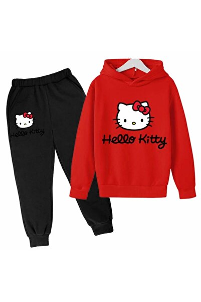 BENQE KİDS ÖZEL TASARIM HELLO KİTTY DİJİTAL BASKILI KIZ ÇOCUK KAPÜŞONLU EŞOFMAN TAKIMI