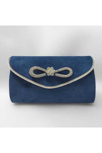 bsc حقيبة فستان السهرة بحجر الغزال الفاخر باللون الأزرق الداكن