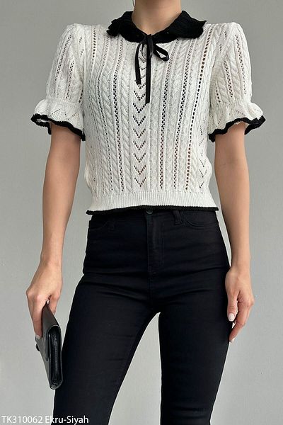 RHOSUSS Women's Baby Collar Short Sleeve Hair Knitted Knitwear Sweater