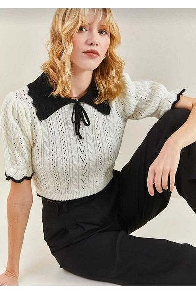 RHOSUSS Women's Baby Collar Short Sleeve Hair Knitted Knitwear Sweater