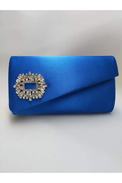 bsc Parlak Saks Mavi Saten Taşlı Abiye Çanta