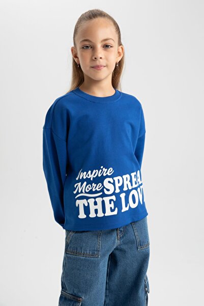 DeFacto Kız Çocuk Crop Bisiklet Yaka Baskılı Sweatshirt B3708a823au