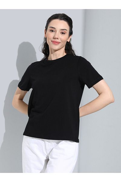 Refka Black Basic Natural Fabric Women's T-Shirt - Refka Basic