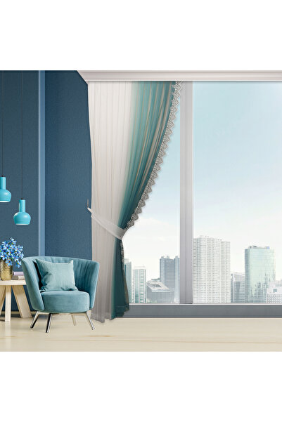 perhal perde ve halı Renk Geçişli Petrol Mavisi Tek Kanat Sık Pile Tül Fon Perde