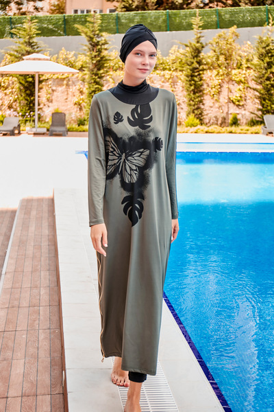 Marina Μαγιό Hijab 4 τεμαχίων με μοτίβο φύλλων χακί πλήρως καλυμμένο με φερμουάρ M2021