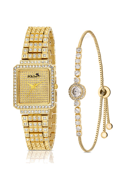 Polo Air ساعة يد نسائية مربعة كلاسيكية مرصعة بالكثير من أحجار الزركون وسوار من حجر الزركون باللون الذهبي