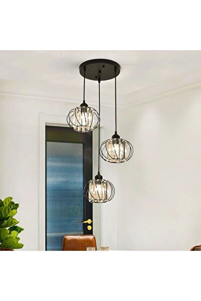 Ultra Home Lüx Kristal Modern 3 lü Siyah Sarkıt avize