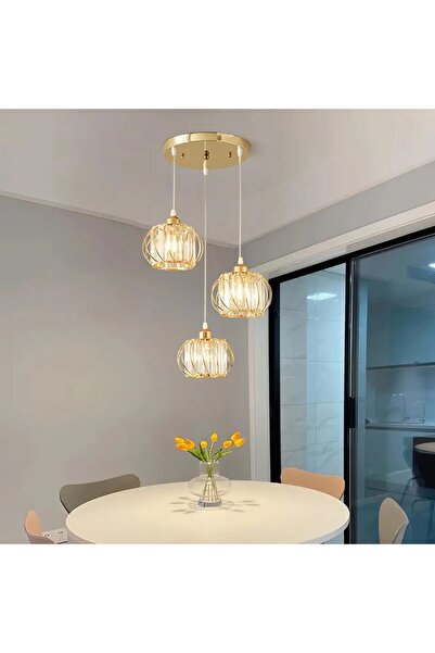 Ultra Home Lüx Kristal Modern 3 lü Gold sarkıt avize