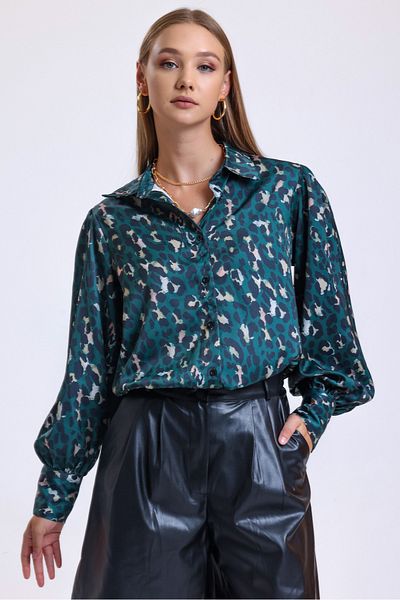 MD trend Women's Khaki Balloon Sleeve Shoulder Gathered Oversize Satin Shirt