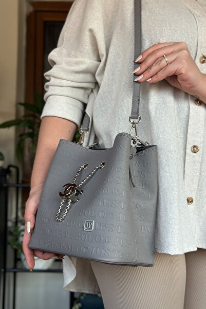 Just Polo 4075 نموذج مونوغرام مطبوع 3 حجرة حقيبة يد وكتف نسائية رمادية