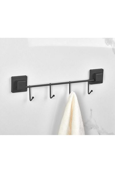 Neler Geldi Neler Hanger, Adhesive 4-Piece Hanger Black, Towel Hanger, Bathroom Hanger, Clothes Hanger