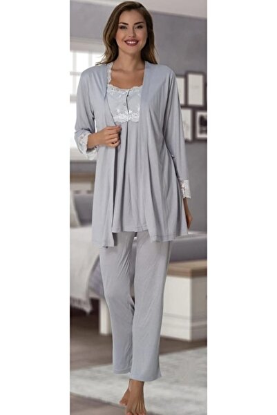 Effort Pijama Effortt Gray Maternity Pajama Set with Dressing Gown 2301