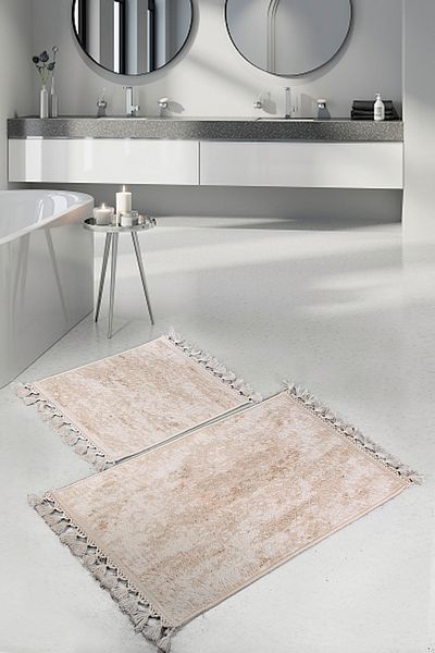 Bonny Home Nova Cream 60x100 + 50x60 cm Σετ 2 τεμαχίων με γωνιακό χαλί μπάνιου με κρόσσια αντιολισθητικό πλενόμενο πατάκι