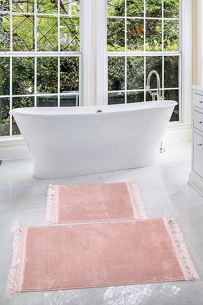 Bonny Home Relax Powder 60x100 + 50x60 cm Σετ χαλιού μπάνιου με κρόσσια 2 τεμαχίων με γωνιακό Pompom με αντιολισθητική βάση