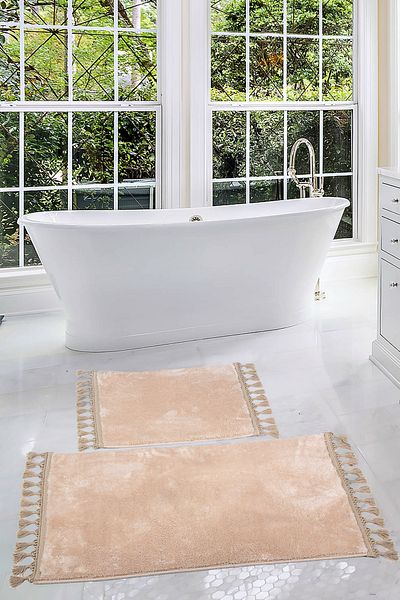 Bonny Home Relax Mink 60x100 + 50x60 cm Σετ χαλάκι μπάνιου 2 τεμαχίων με γωνιακό Pompom με κρόσσια με αντιολισθητική βάση