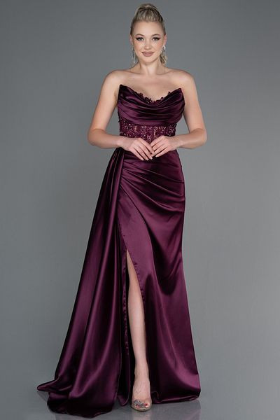 Abiyefon Cherry Strapless Draped Long Satin Evening Dress Abu2127