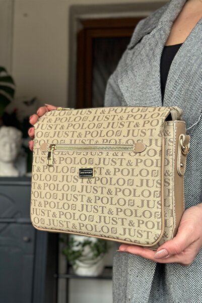 Just Polo حقيبة كتف نسائية 5 أقسام بلون رملي 29 سم 20 سم 10 سم 2068