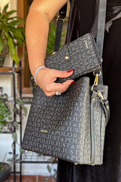 Just Polo طقم حقيبة نسائية ومحفظة - حزام طويل قابل للتعديل، 2117-GQ أسود